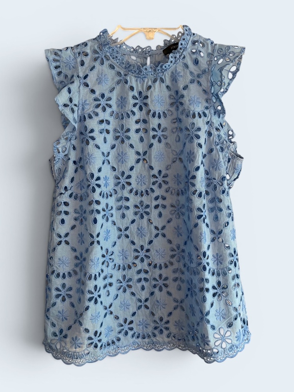 J. Crew Blue Flutter Sleeve Scalloped Hem Unlined Embroidered Eyelet Blouse S